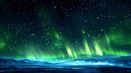 Aurora borealis above mountains in fog at night. Northern lights. Sky with stars with polar lights and high rocks. Beautiful landscape with aurora, city lights in low clouds, mountain ridge. Space