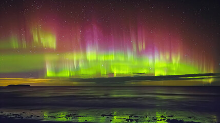 Aurora borealis above mountains in fog at night. Northern lights. Sky with stars with polar lights and high rocks. Beautiful landscape with aurora, city lights in low clouds, mountain ridge. Space