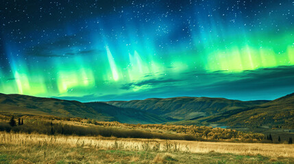 Aurora borealis above mountains in fog at night. Northern lights. Sky with stars with polar lights and high rocks. Beautiful landscape with aurora, city lights in low clouds, mountain ridge. Space