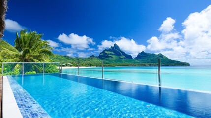 Wall Mural - Serene tropical landscape featuring a stunning infinity pool overlooking a crystal-clear lagoon and mountains