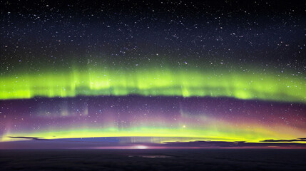 Aurora borealis above mountains in fog at night. Northern lights. Sky with stars with polar lights and high rocks. Beautiful landscape with aurora, city lights in low clouds, mountain ridge. Space