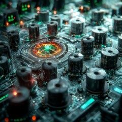 Wall Mural - Futuristic Circuit Board  Abstract Technology Background with Glowing Core