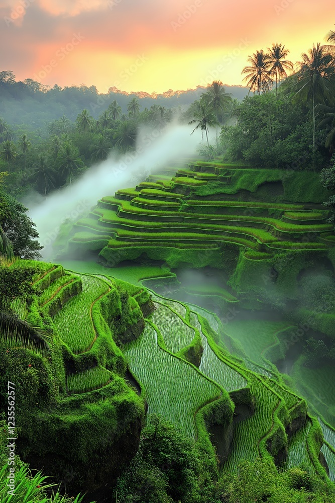 Lush green rice terraces at sunrise in Bali with mist enveloping the ...