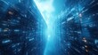 © Tyrah - Futuristic data center with towering server racks and glowing digital interfaces under a blue sky