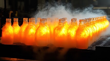 Poster - Glowing Glass Bottles in a Factory with Steam and Warm Lighting during Production Process