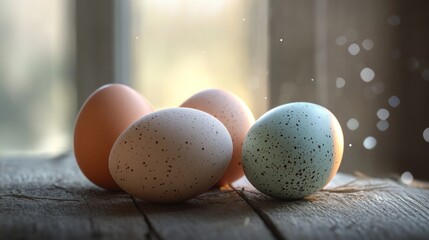 Wall Mural - Easter eggs on rustic wood, sunlit window background