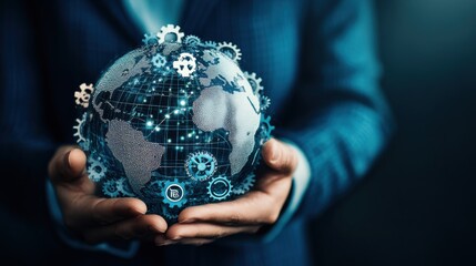 Wall Mural - A symbolic composition of a person holding a globe with interconnected gears and technological symbols, Global innovation scene, Symbolic style
