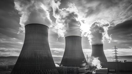 Industrial power plant from above with vibrant steam rising from cooling towers, creating a dynamic contrast between technology and nature. 