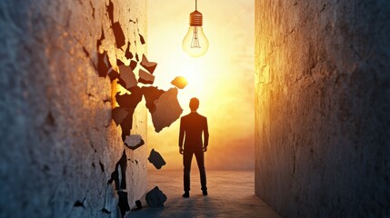 Wall Mural - A symbolic representation of a person's silhouette breaking through barriers with a light bulb overhead, Breakthrough innovation scene, Symbolic style