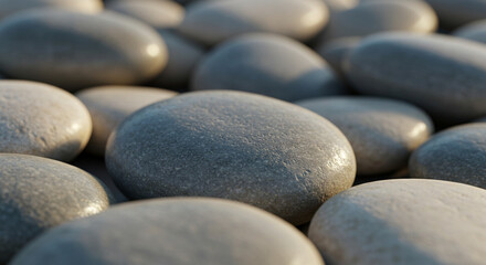 A close-up of smooth river stones in neutral tones, slightly wet, with soft light reflecting off their surfaces