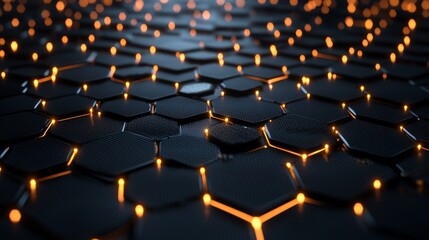 Poster - Illuminated hexagonal patterns digital space abstract art dark environment close-up view futuristic design for tech enthusiasts