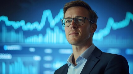 Poster - Data analyst deliberating market trends financial office professional portrait digital environment close-up viewpoint innovation insight