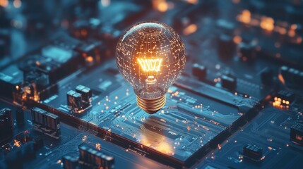 Poster - Innovative light bulb concept on circuit board futuristic technology digital art contemporary environment close-up view energy efficiency inspiration