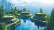 © Synthetic Stock Lab - Eco-houses, mountain lake, green roofs, scenic view, travel