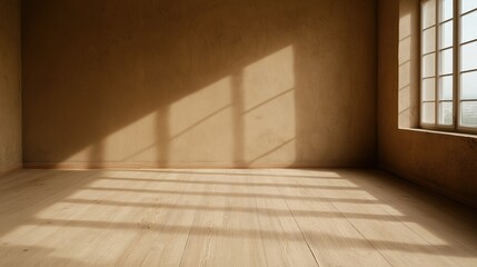 Poster - Sunlight shines through spacious windows in an empty room, casting soft shadows on the wooden floor and highlighting the warm tones of the walls during daylight hours