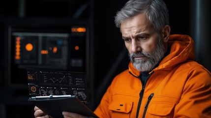 Poster - experienced professional in an orange jacket focuses intently on a digital tablet displaying various data metrics in a high-tech control room. setting is dimly lit with screens