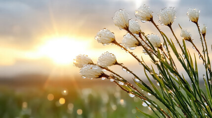 Wall Mural - close up of flowers with dewdrops glistening in morning light