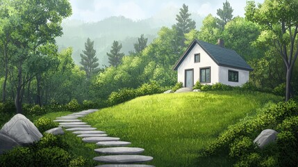 Wall Mural - serene house in lush green landscape