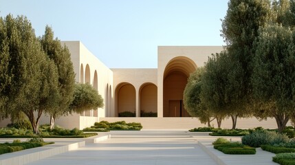 Poster - This setting showcases a contemporary building with smooth lines and elegant arches, surrounded by manicured gardens and olive trees under a clear blue sky