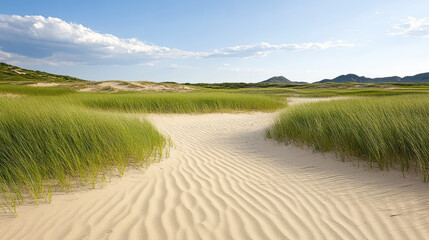 Sticker - Lush green grass sways gently in serene dune landscape under clear sky