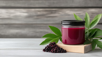 Wall Mural - Elderberry jam in jar with fresh leaves and berries on wooden surface