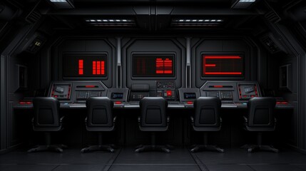 Poster - high-tech control room features several black chairs facing red-lit screens and control panels