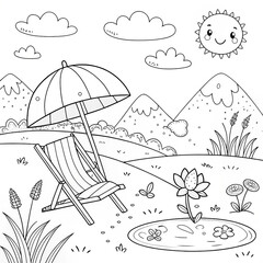 summer landscape coloring page: mountains and beach with relaxing elements