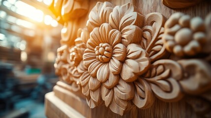 Canvas Print - Intricate wood carving detail in workshop