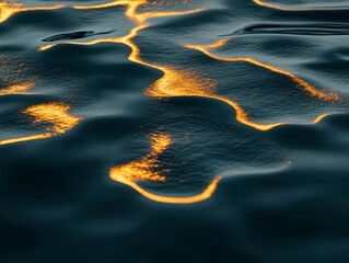 Poster - Abstract image of dark water with golden light reflections, creating a shimmering effect. The surface texture is subtly wavy, showing the interplay