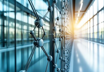 Poster - abstract metallic network structure against a modern glass building background. sunlight streams thr