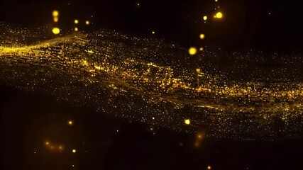 Poster - Golden particles shimmer and flow in dark background, creating magical light atmosphere of mesmerizing beauty.