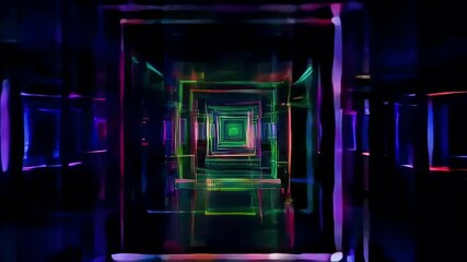 Poster - Colorful abstract tunnel of glowing neon lights creates mesmerizing effect in dark, showcasing vibrant patterns and reflections.