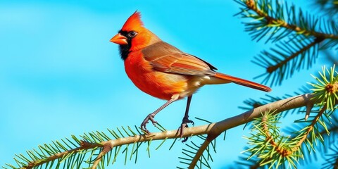 Wall Mural - A vibrant northern cardinal perched on a pine tree branch against a blue sky background, blue sky, vibrant, bird photography