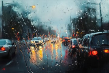 artistic view of a rain-covered car window, with the dewdrops refracting light from distant traffic.