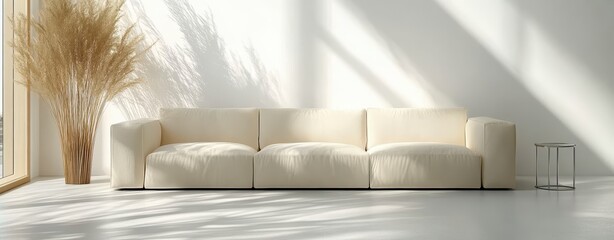 Wall Mural - Modern minimalist living room interior with a long off white sectional sofa, a dried floral arrangement, and a glass side table. Sunlight streams