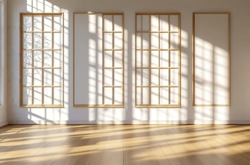 Sticker - Sunlight streams through four rectangular windows with wooden frames onto a light wood floor in a minimalist room. The walls are white, creating a