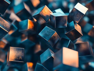Poster - Metallic Cube Abstract: A mesmerizing abstract composition featuring a multitude of floating metallic cubes, their surfaces catching the light with vibrant blue and orange hues.