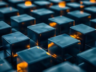 Poster - Geometric Glow: Abstract arrangement of dark blue metallic cubes with glowing amber light emanating from within, creating a hypnotic visual that suggests technological innovation, data flow.