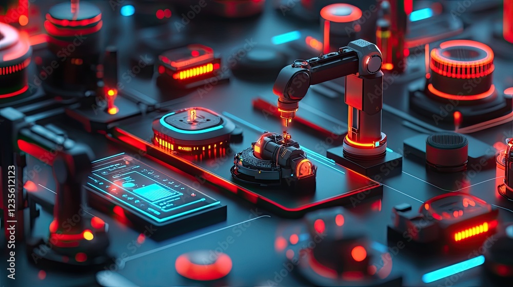 D visualization of AI in manufacturing, with connected robotic systems ...
