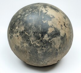 Poster - dark gray sphere with speckled beige texture, shown against a bright white background. the sphere ap