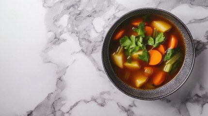 Poster - A bowl of vegetable soup with carrots, potatoes, celery, and fresh herbs, presented with copy space.