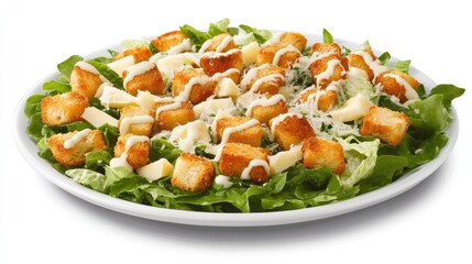 Wall Mural - A Caesar salad with romaine lettuce, parmesan cheese, and croutons, drizzled with dressing, served on a white plate.