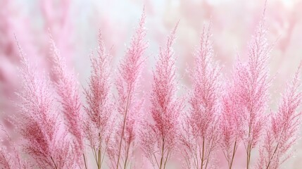 Poster - Soft pink pampas grass plumes in a blurred pink background. Delicate, feathery texture and pastel colors create a gentle and romantic mood