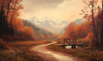 Aufkleber - An autumn hiking trail surrounded by golden foliage, inviting nature lovers to explore its scenic beauty.