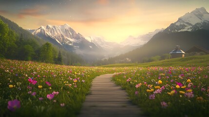 Poster - A vibrant wildflower meadow in full bloom, showcasing a colorful array of flowers under bright sunlight.