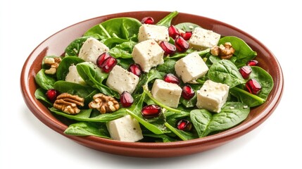 Wall Mural - A fresh spinach and feta cheese salad with walnuts and pomegranate seeds on a ceramic plate.