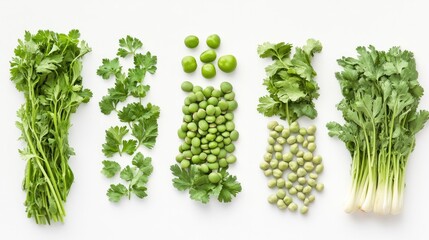 Wall Mural - A minimalist flat lay of fresh vegetables and legumes on a clean white background.