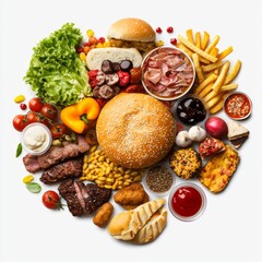 Wall Mural - Colorful and Diverse Food Arrangements Including Burgers, Fries, Fresh Vegetables, and Desserts on White Background