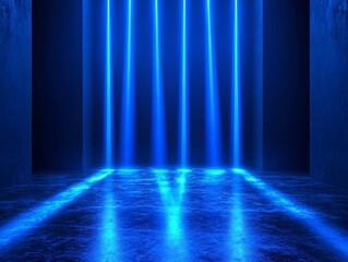 Wall Mural - Abstract blue neon light beams illuminate a dark, empty room with a reflective floor.