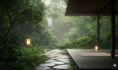 Poster - A serene tropical wellness retreat featuring an open-air bamboo setting, perfect for relaxation and rejuvenation.